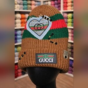 ' Brown and Green Knit Beanie with Heart Patch